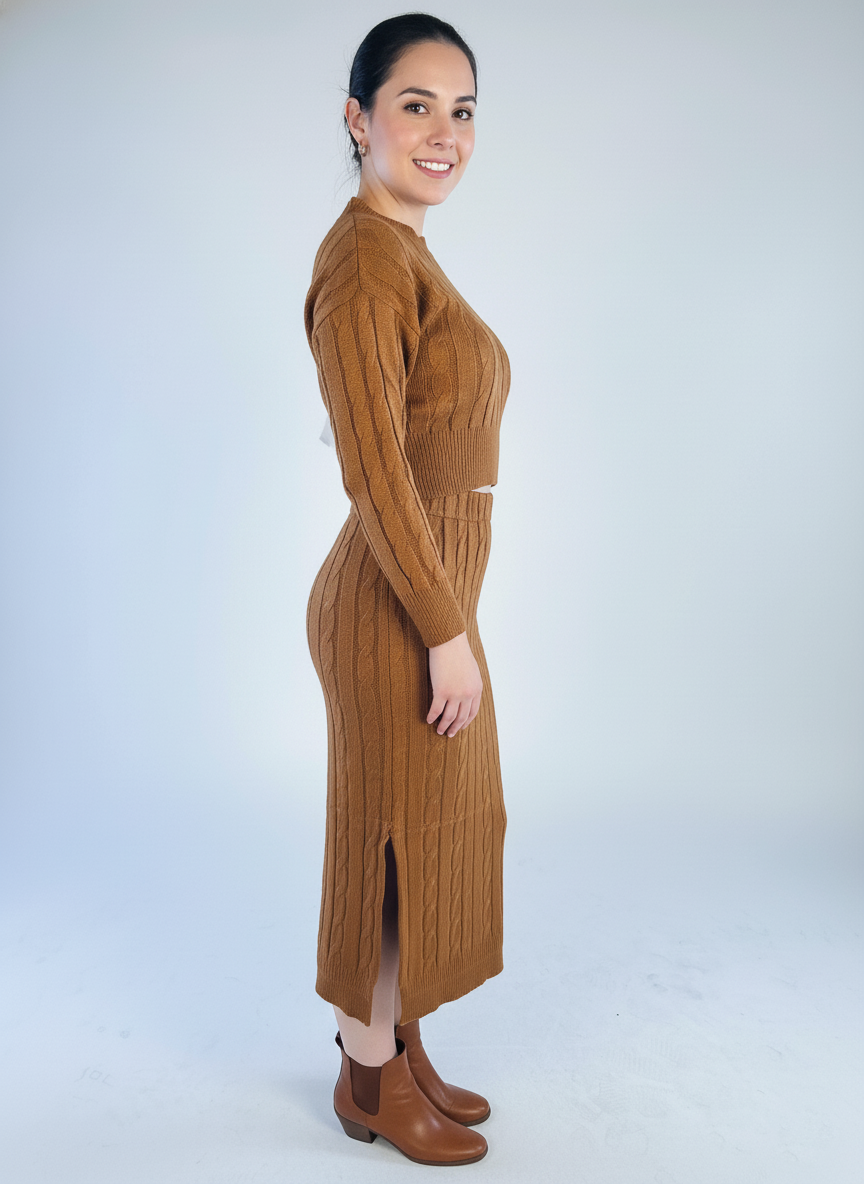 Conjunto cafe de dos piezas, crop top trenzado y falda