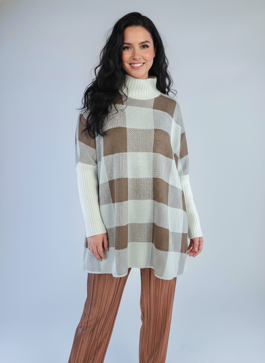 Capa de cuello alto cuadriculada, manga larga