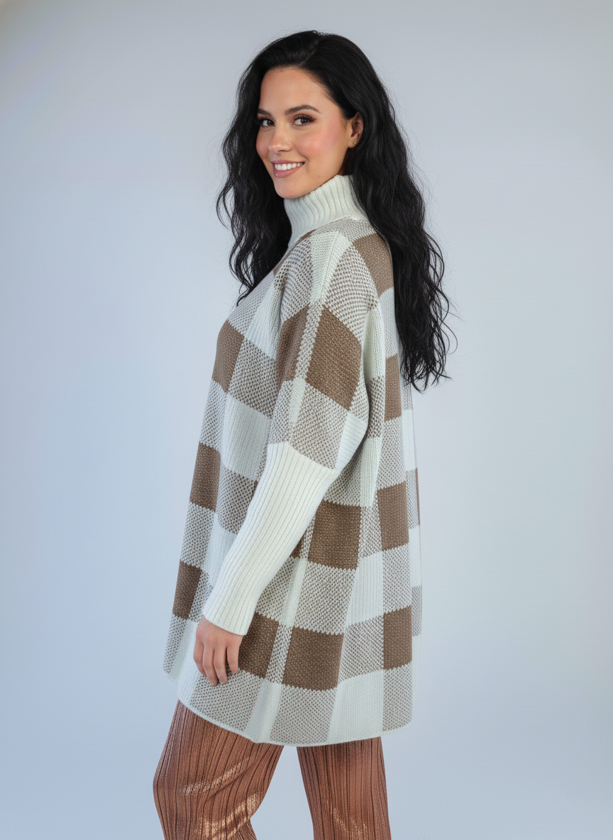 Capa de cuello alto cuadriculada, manga larga