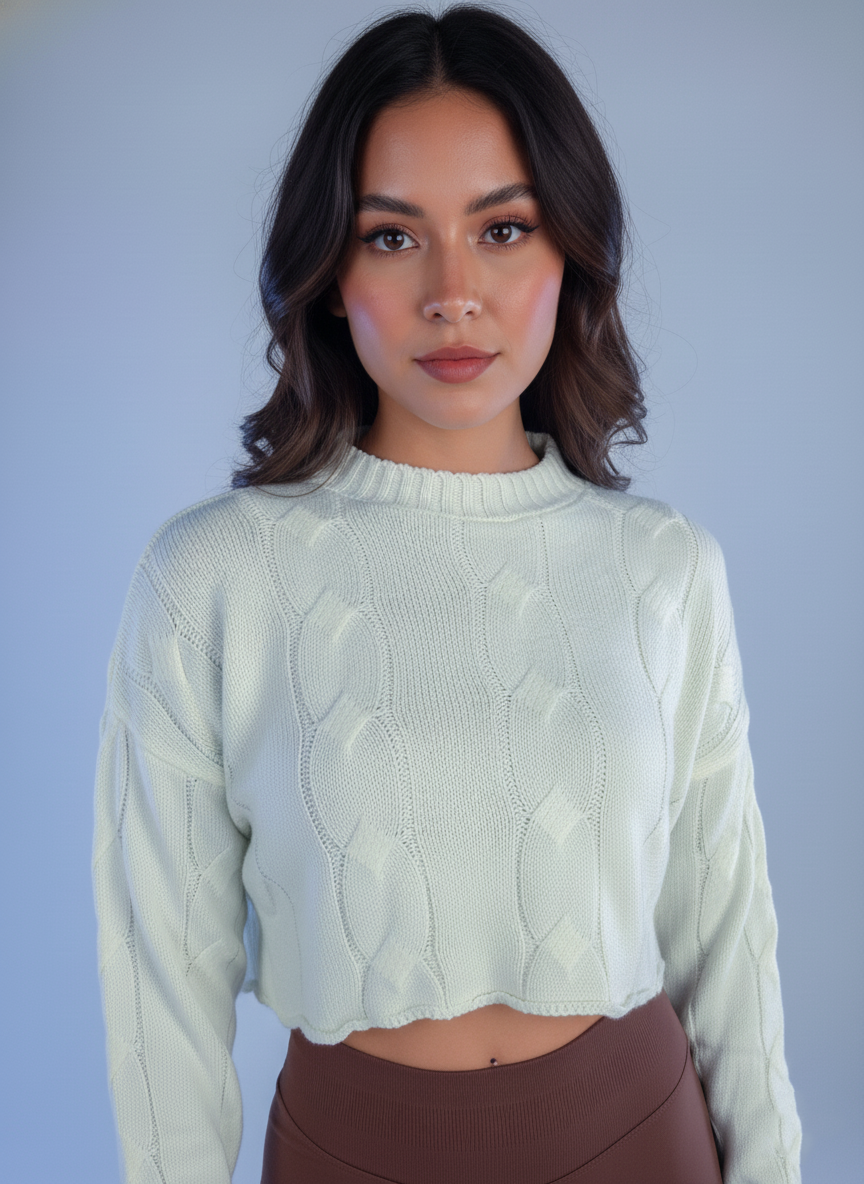 Suéter perla cuello redondo tipo crop top