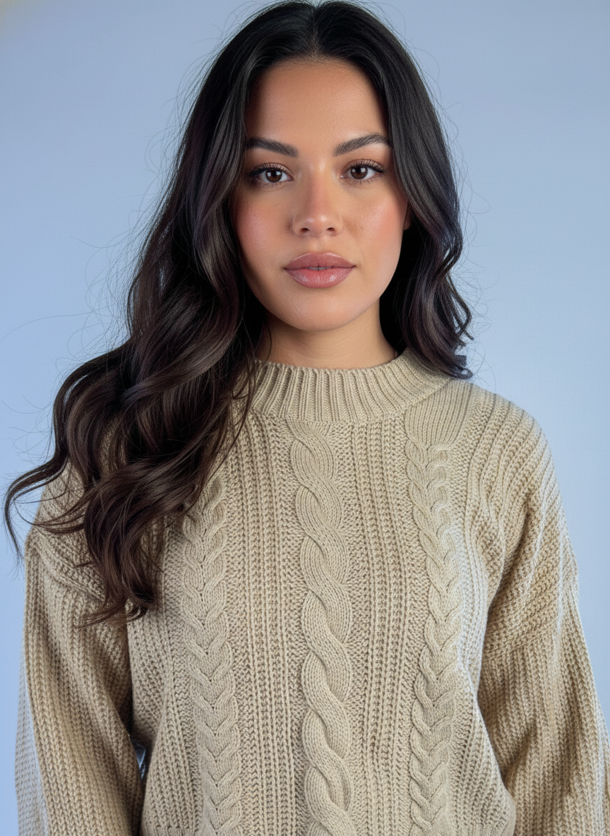 Suéter beige tejido con trenzas