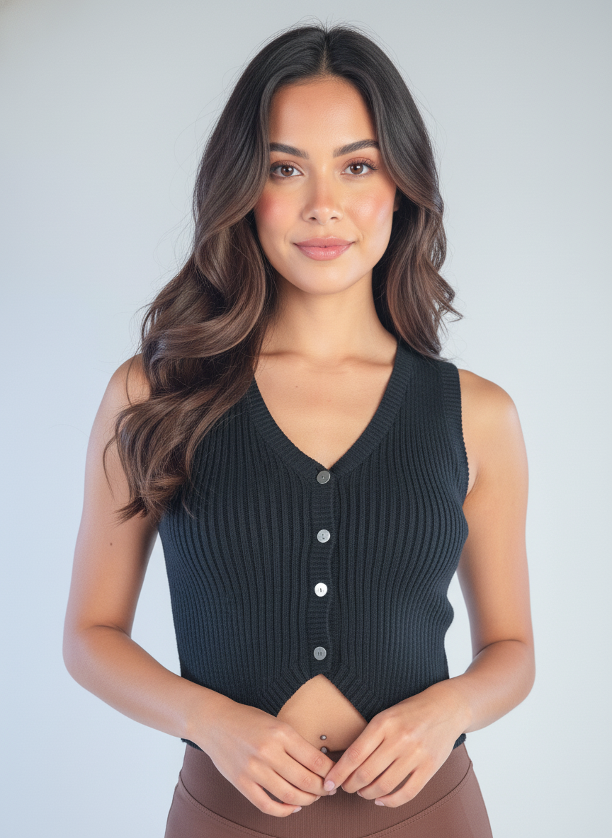 Chaleco negro acanalado abotonado corto