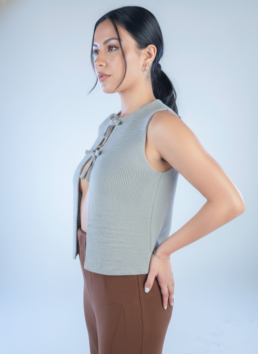 Chaleco gris tejido con amarre en cierre