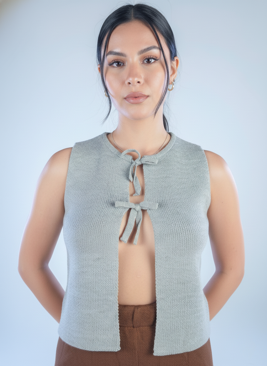 Chaleco gris tejido con amarre en cierre