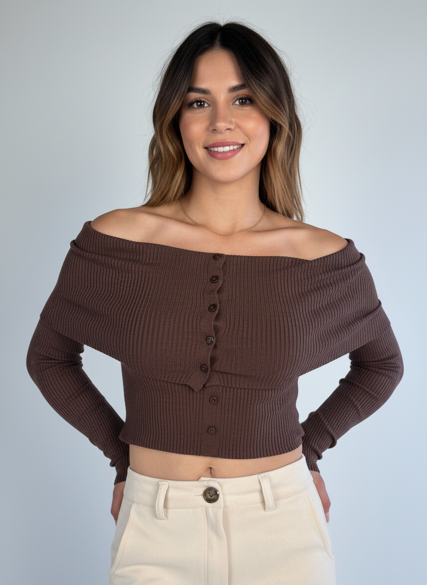 Suéter cafe acanalado con hombro descubierto con botones