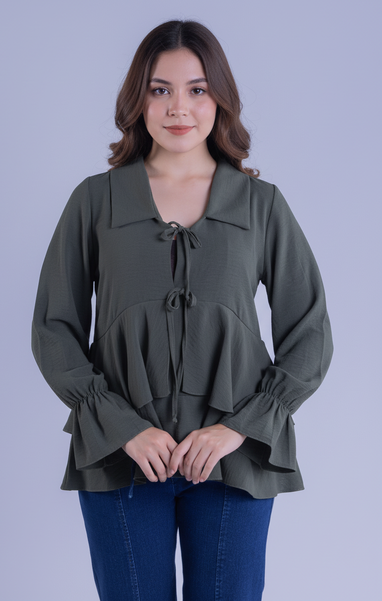 Blusa manga larga con amarres y olanes