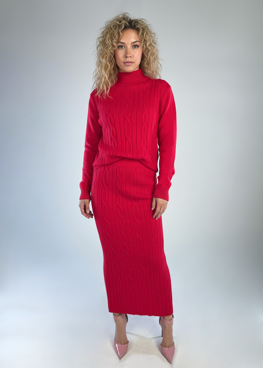 Conjunto roJo de blusa y falda tipo sueter