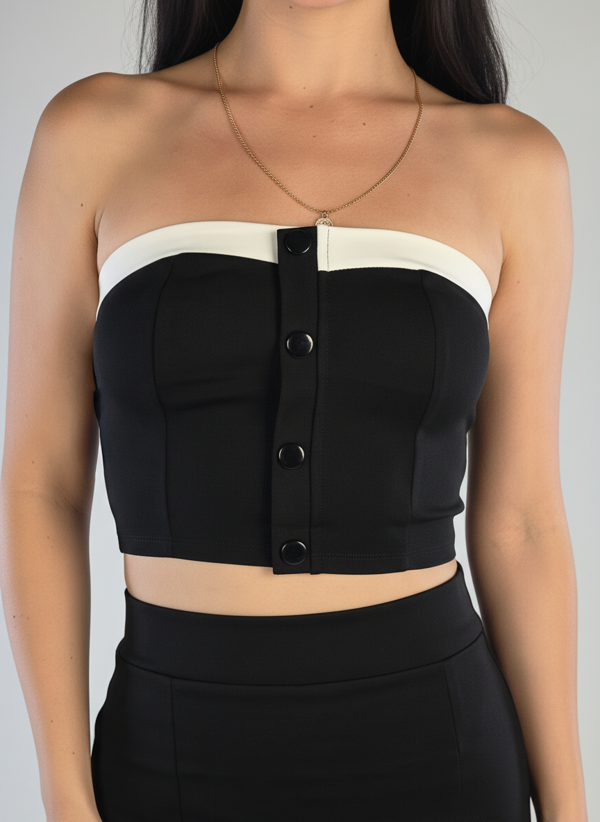 Conjunto de dos piezas de blusa strapple y falda con contraste