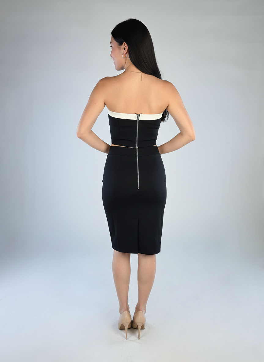 Conjunto de dos piezas de blusa strapple y falda con contraste