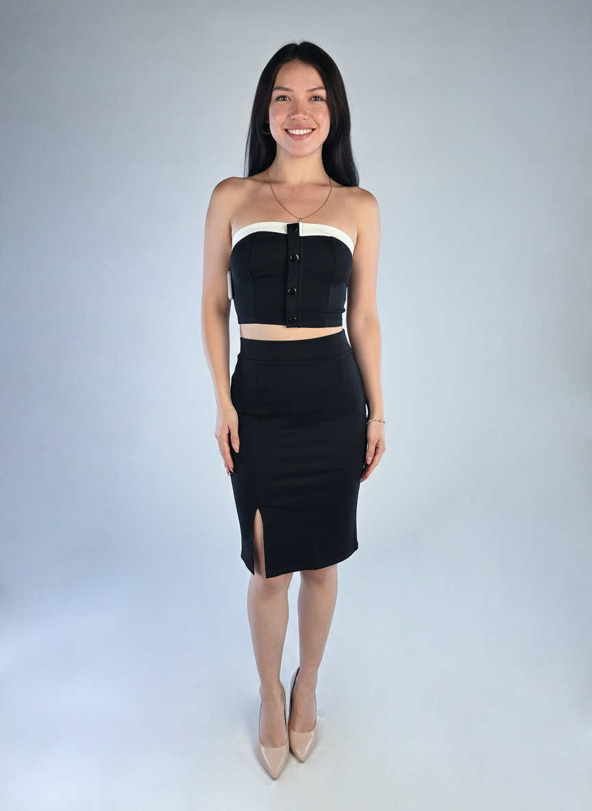 Conjunto de dos piezas de blusa strapple y falda con contraste