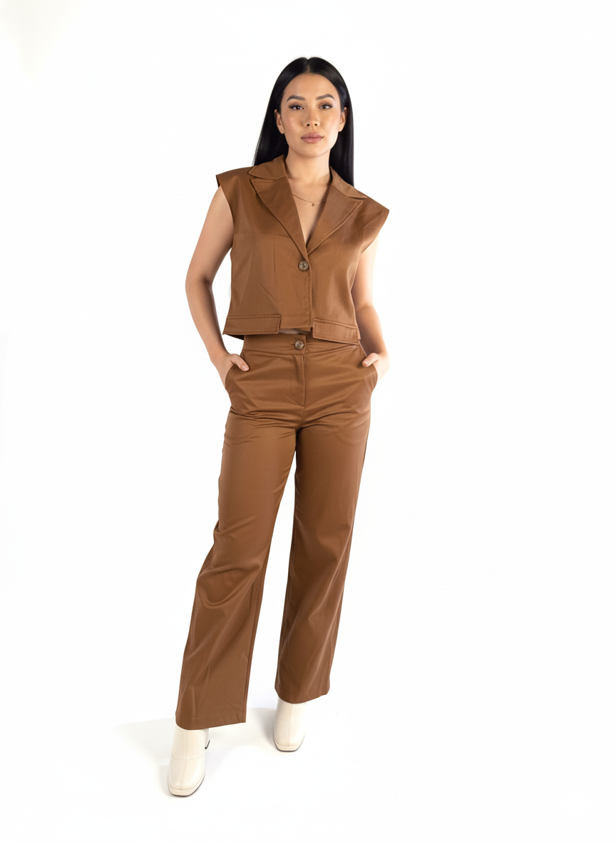 Conjunto cafe de dos piezas de chaleco con hombreras y pantalón de vestir