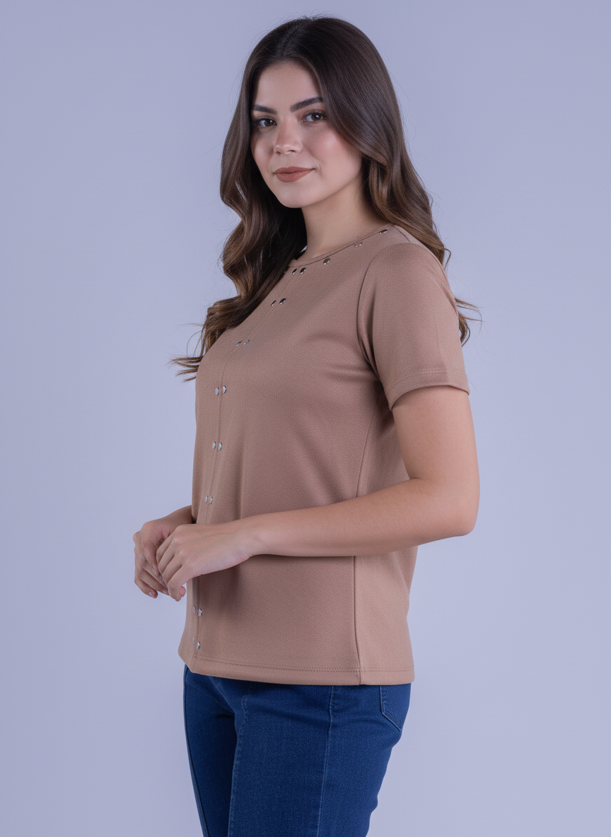 Blusa manga corta de gamuza con estoperoles
