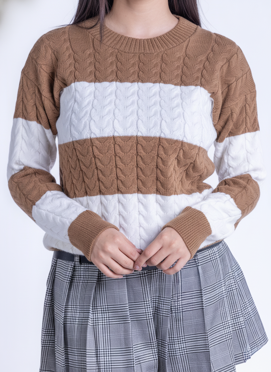 Suéter cafe y blanco tejido de cuello redondo
