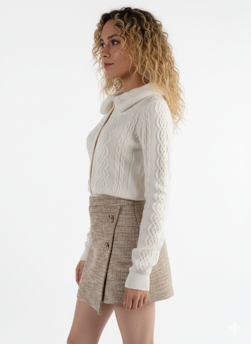 Suéter blanco tejido con cuello de peluche abotonado