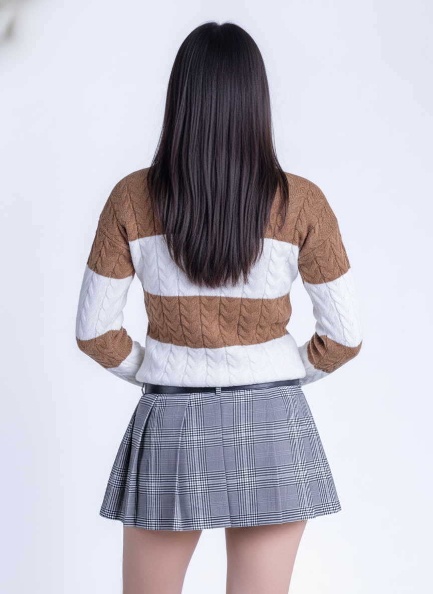 Suéter cafe y blanco tejido de cuello redondo