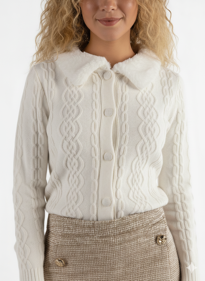 Suéter blanco tejido con cuello de peluche abotonado
