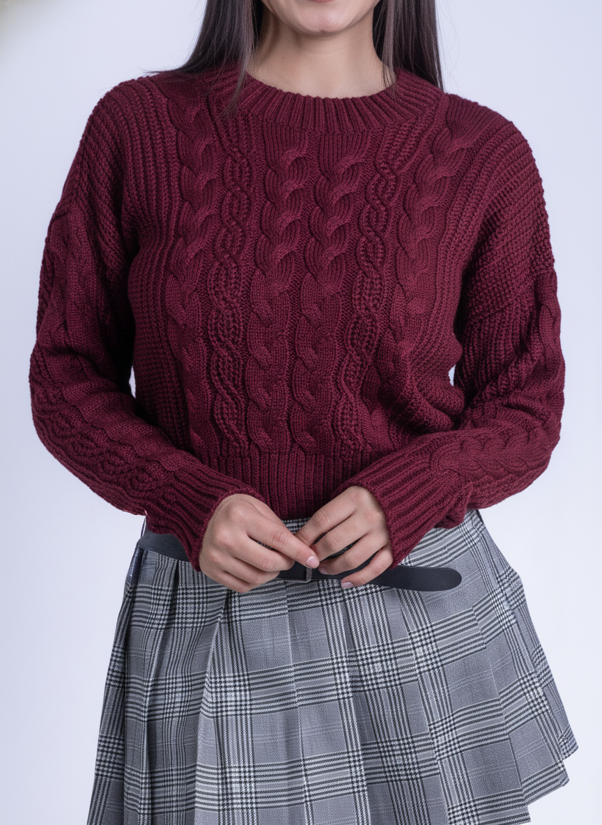 Suéter guinda con trenzas tejidas y cuello redondo