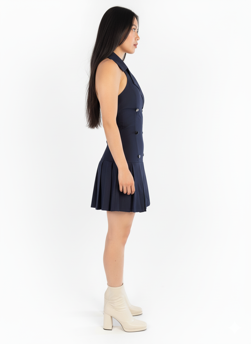 Vestido azul estilo halter de tablones