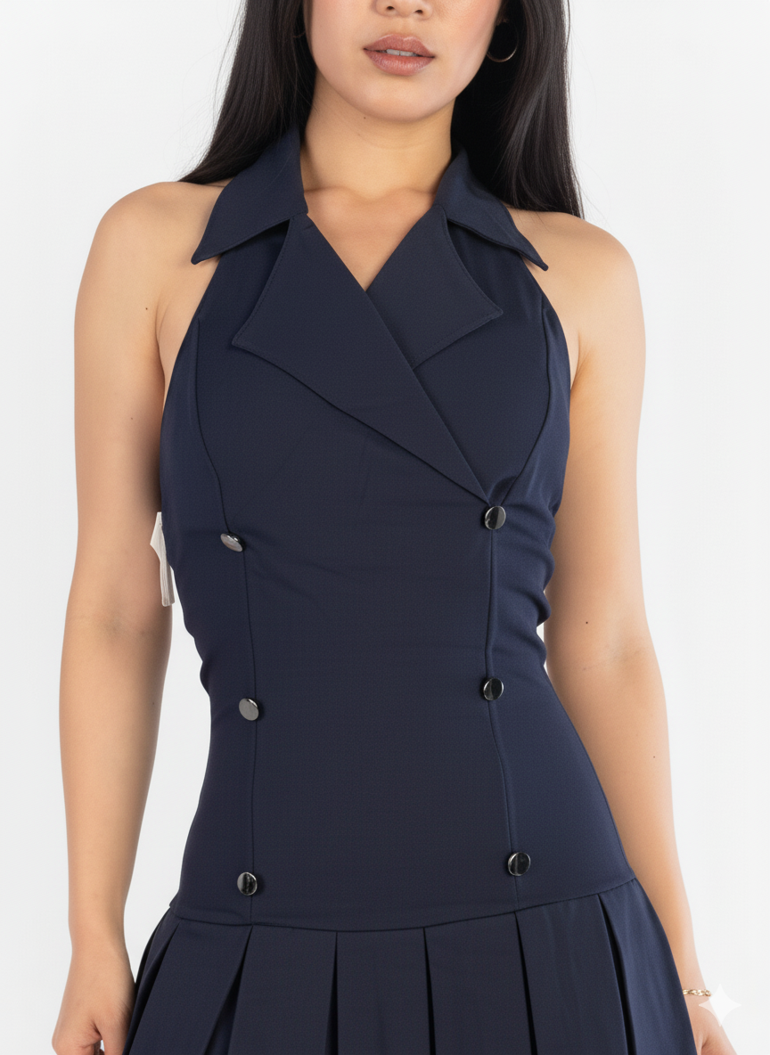 Vestido azul estilo halter de tablones