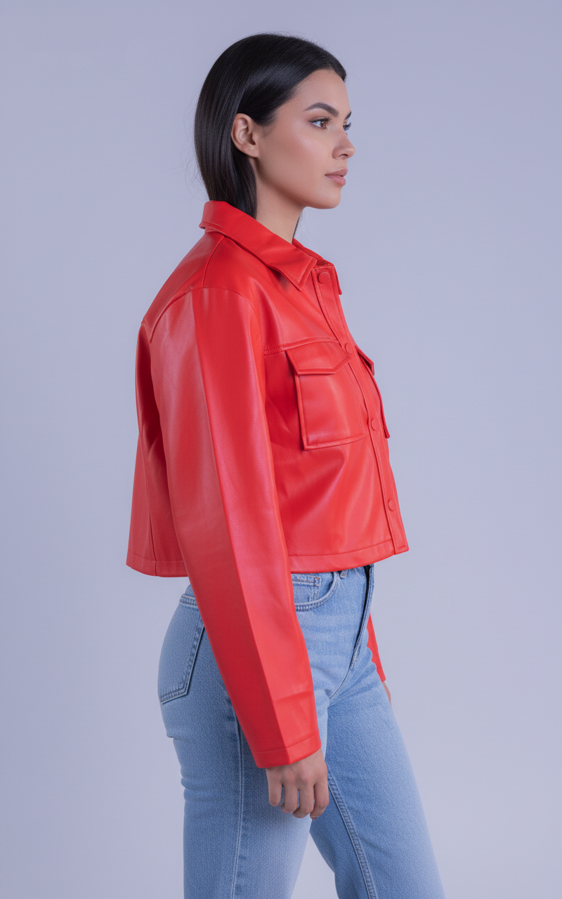 Chamarra de vinipiel roja tipo crop top