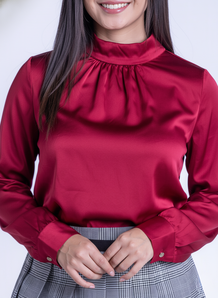 Blusa roja satinada de cuello alto y manga larga