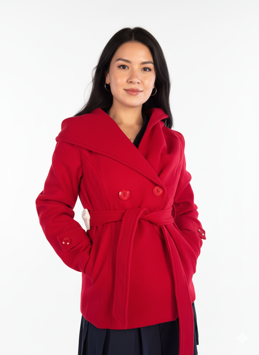 Abrigo rojo abotonado con cinto ajustable