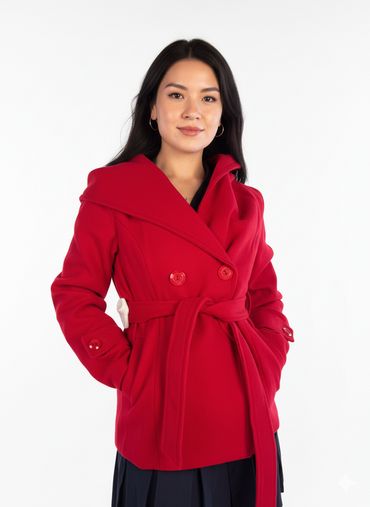 Abrigo rojo abotonado con cinto ajustable