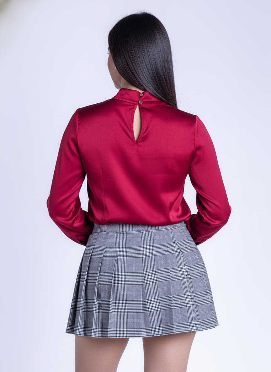 Blusa roja satinada de cuello alto y manga larga