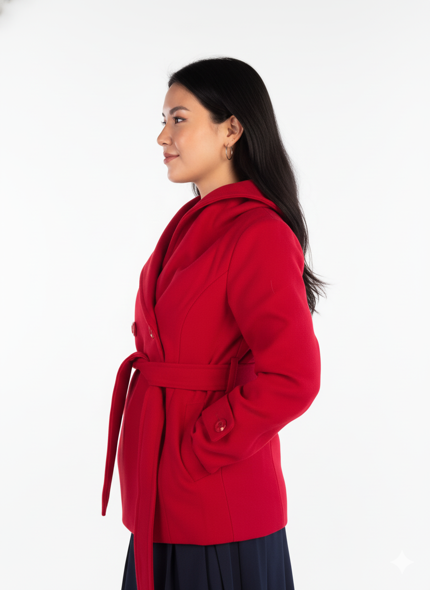 Abrigo rojo abotonado con cinto ajustable