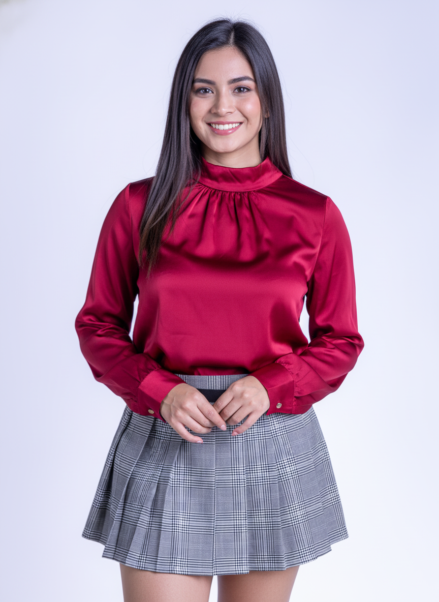 Blusa roja satinada de cuello alto y manga larga