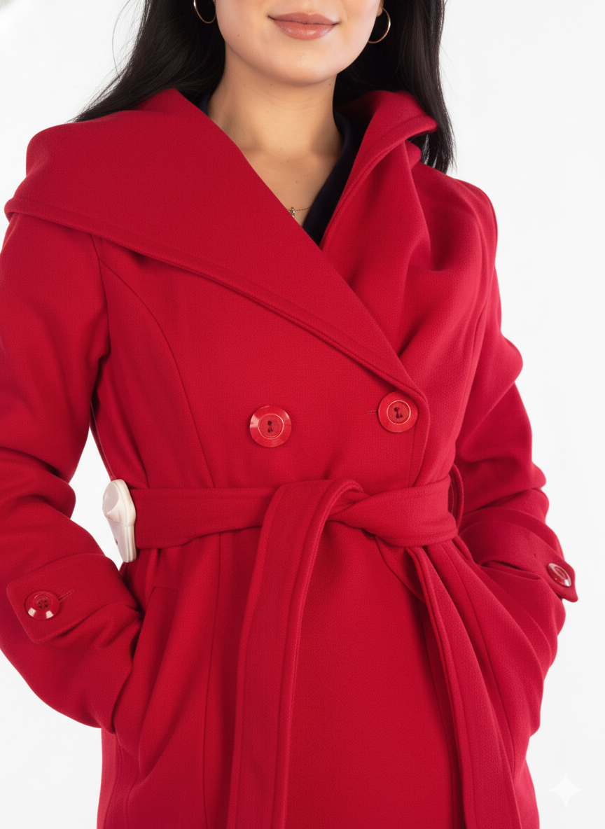 Abrigo rojo abotonado con cinto ajustable