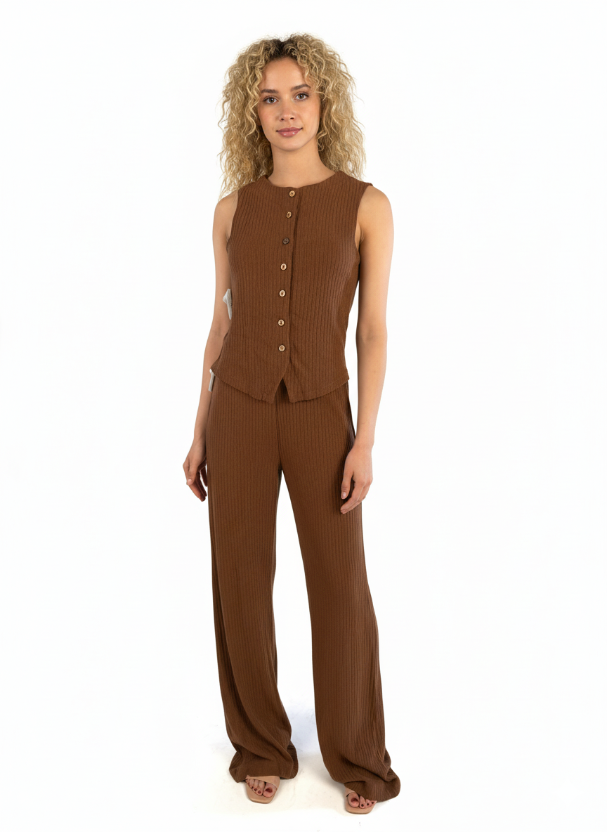Conjunto cafe acanalado de chaleco abotonado y pantalon