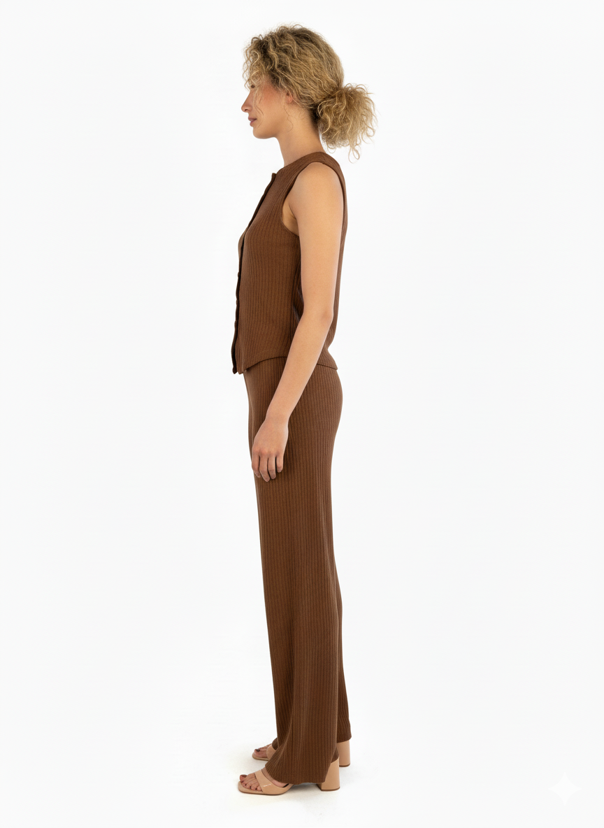 Conjunto cafe acanalado de chaleco abotonado y pantalon