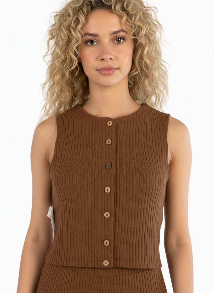 Conjunto cafe acanalado de chaleco abotonado y pantalon