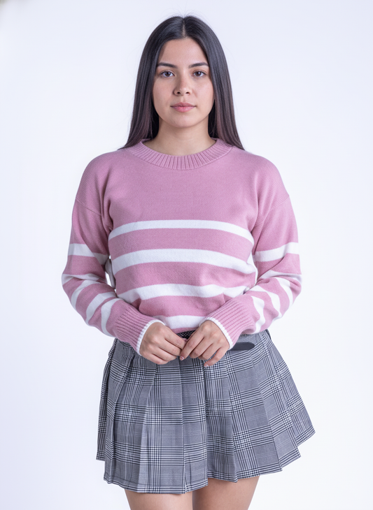 Sueter rosita cuello redondo con franjas blancas
