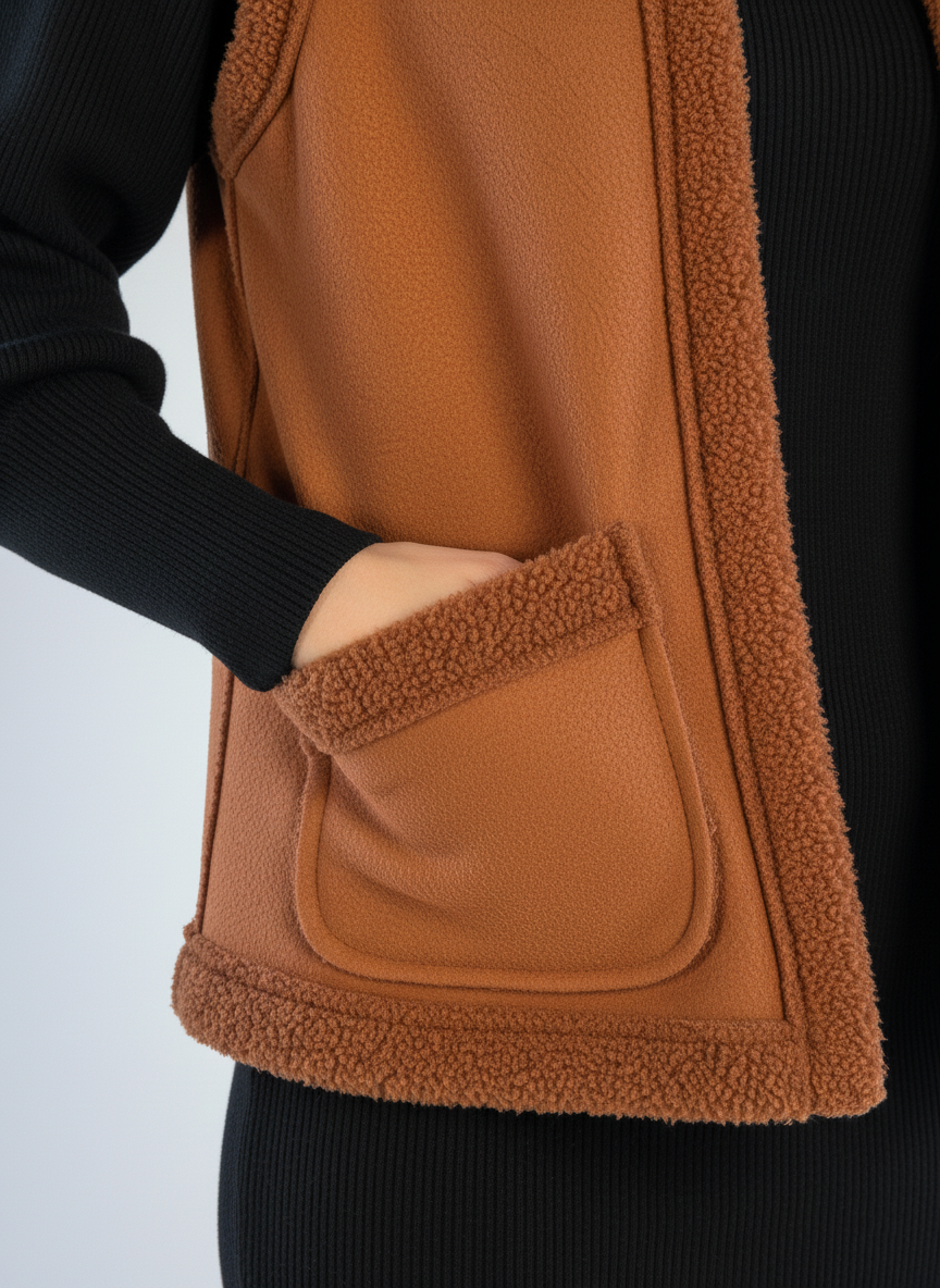 Chaleco cafe naranja abierto con borrega interna