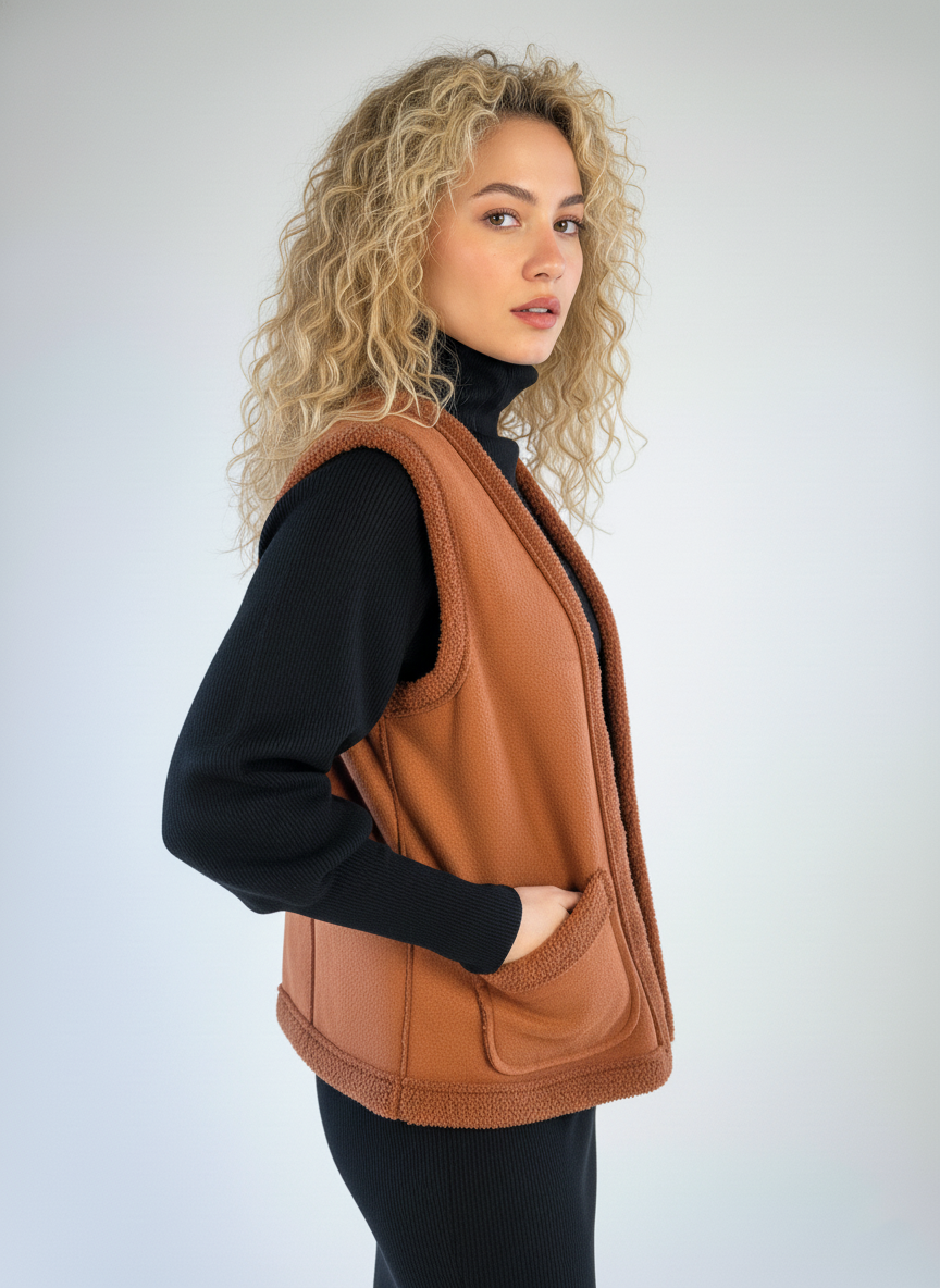 Chaleco cafe naranja abierto con borrega interna
