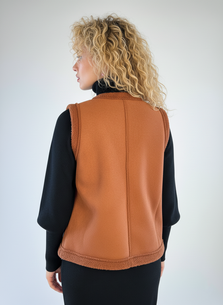 Chaleco cafe naranja abierto con borrega interna