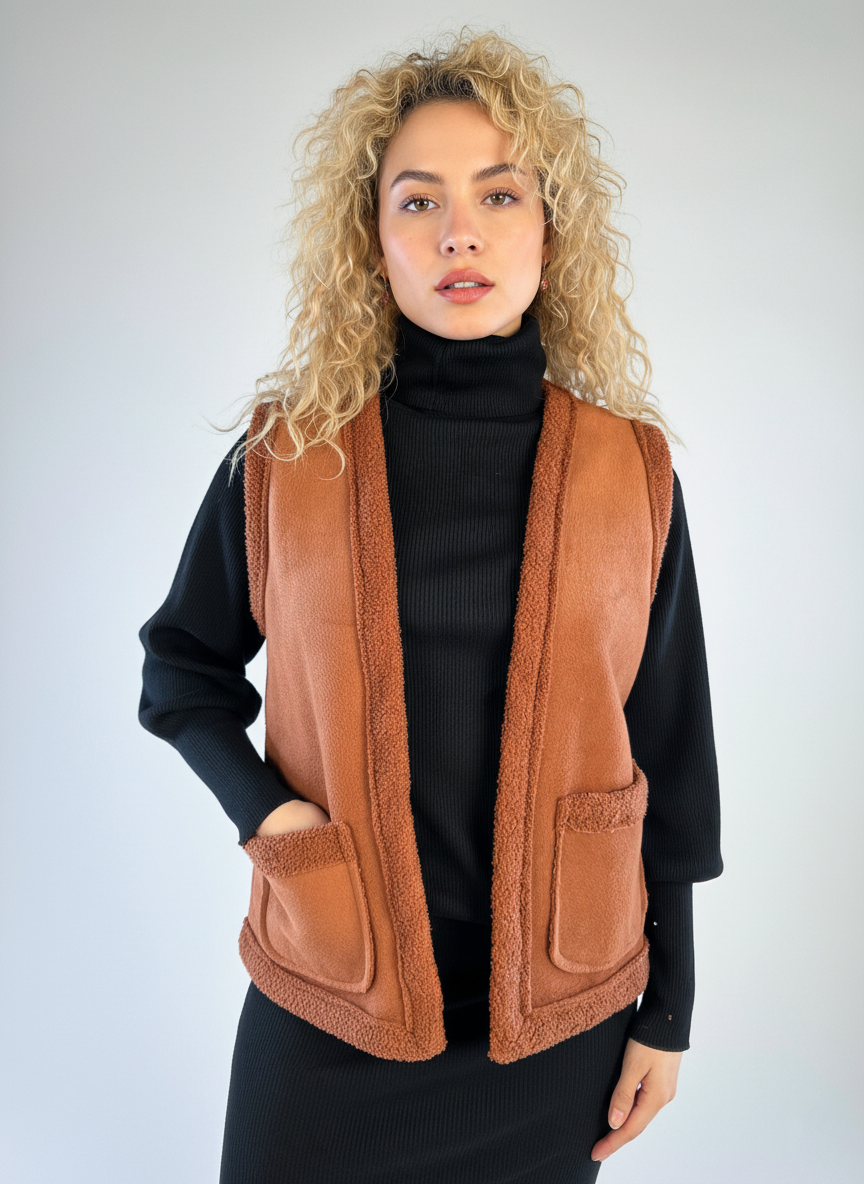 Chaleco cafe naranja abierto con borrega interna