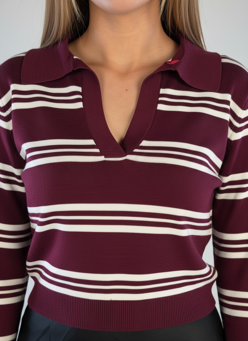 Blusa guinda rayada tipo polo tela calientita