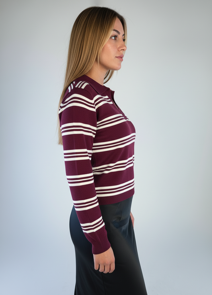 Blusa guinda rayada tipo polo tela calientita