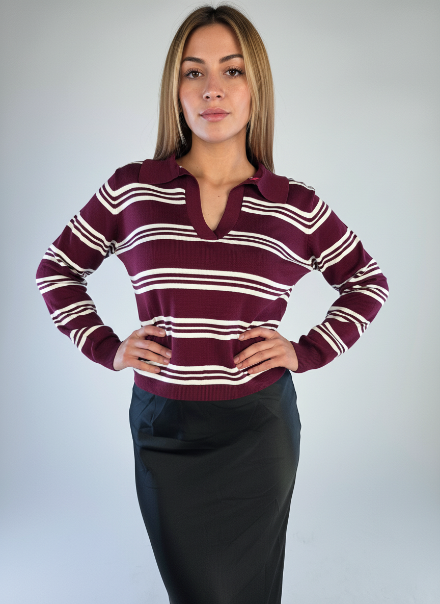 Blusa guinda rayada tipo polo tela calientita