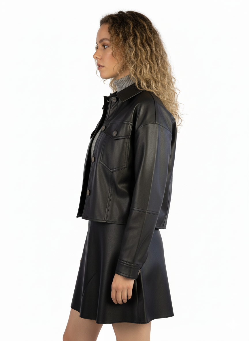 Chamarra negra de vinipiel ligera con cierre de botones