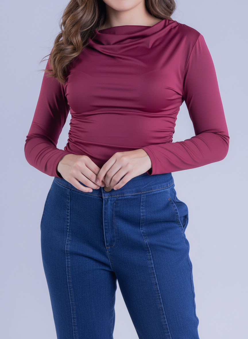 Blusa manga larga plisados laterales satinada