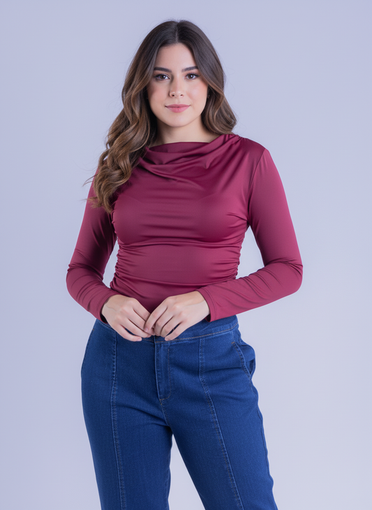 Blusa manga larga plisados laterales satinada