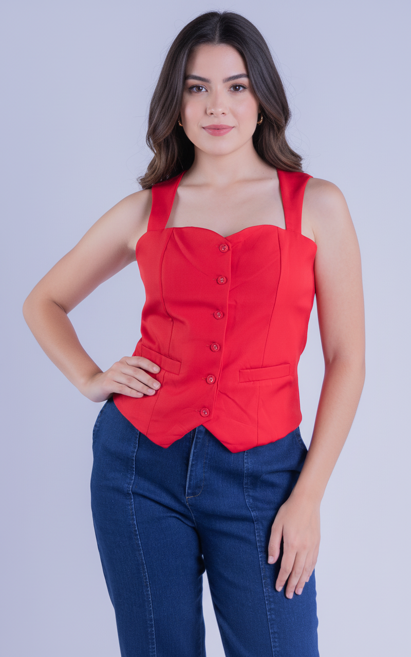 Chaleco rojo de tirantes abotonado