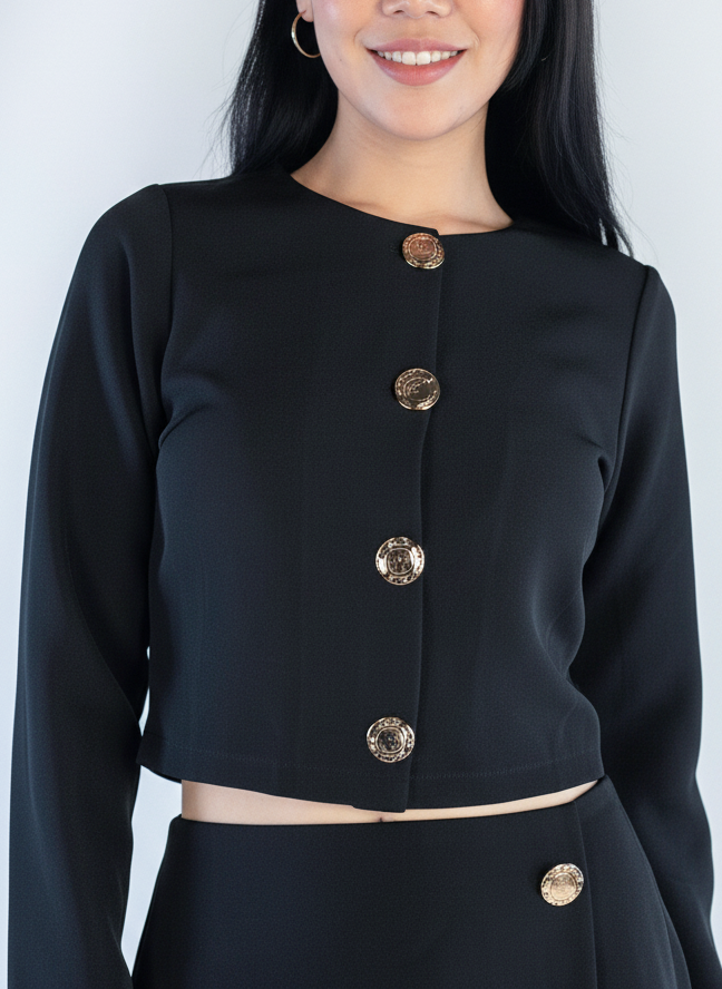 Conjunto negro de dos piezas de saco abotonado y falda