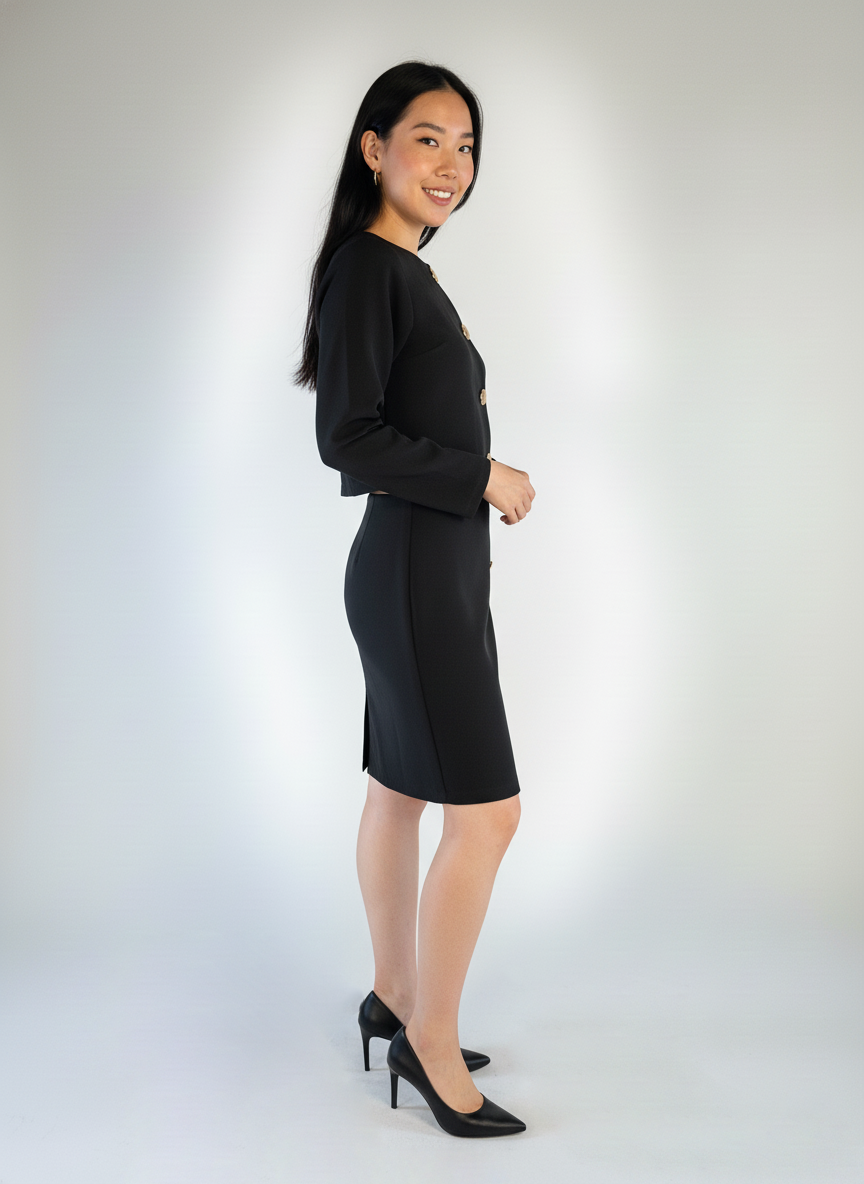 Conjunto negro de dos piezas de saco abotonado y falda