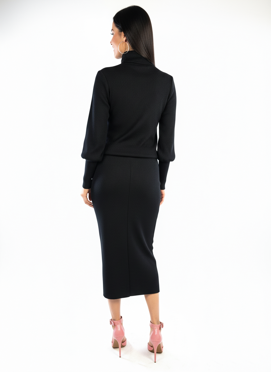 Conjunto negro de blusa de cuello alto manga larga y falda