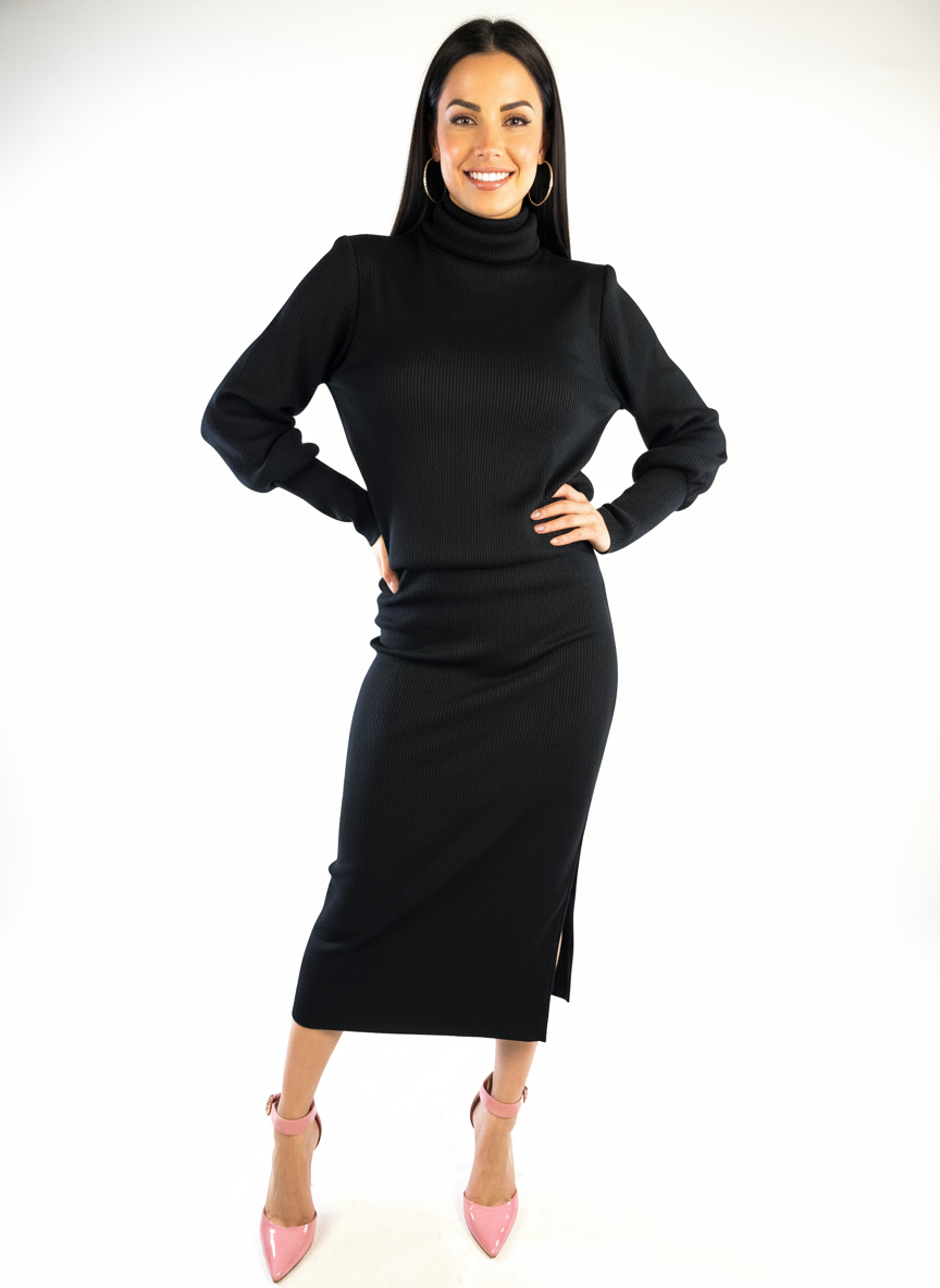 Conjunto negro de blusa de cuello alto manga larga y falda